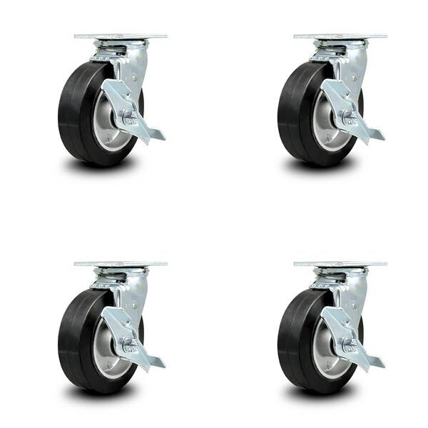 6 Inch Rubber on Aluminum Caster Set with Roller Bearings and Brake/Swivel Lock